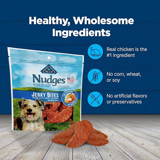 Blue Buffalo Nudges Jerky Bites Dog Treats, Made in The USA with Natural Ingredients, Bite-Sized Pieces, Chicken, 5-oz Bag (Pack of 2)