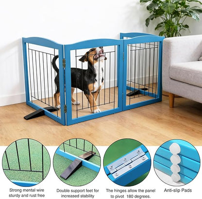 ZJSF Freestanding Dog Fence Indoor, Foldable Dog Gate for Doorways, Stairs or Hallways, Sturdy Wood Extra Wide Pet Gate with Support Feet for The House, Blue, 24 "Height-4 Panels