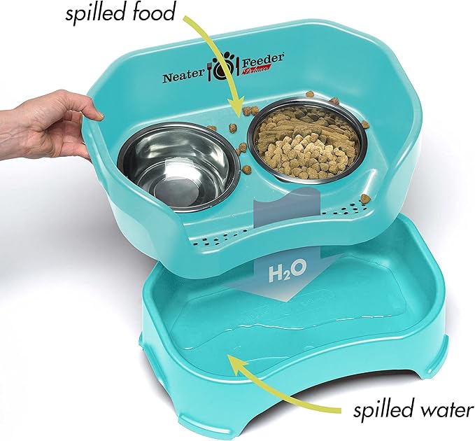 Neater Feeder Deluxe Mess-Proof Elevated Dog Bowls for Large Dogs (40+ lbs), 2 Height Adjustable (14.5” & 17.5”) No-Spill Raised Dog Bowl Stand, Stainless Steel Food Bowl Set, Made in USA, Aquamarine