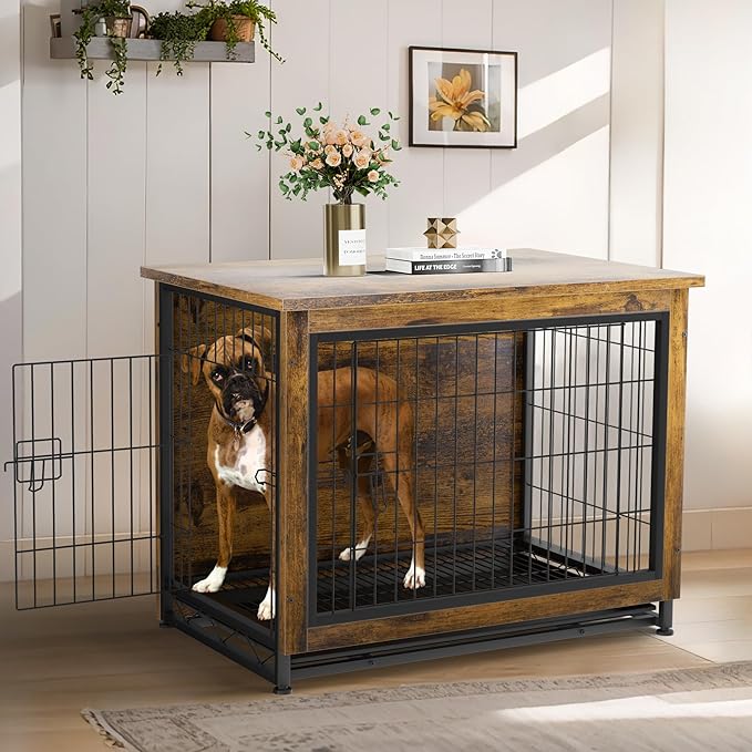 JY QAQA Dog Crate Furniture, Wooden Dog Crate Table, Dog's Furniture with Double-Doors, Indoor Dog Kennel, Dog Cage/Brown/XL