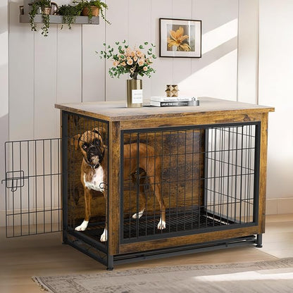 JY QAQA Dog Crate Furniture, Wooden Dog Crate Table, Dog's Furniture with Double-Doors, Indoor Dog Kennel, Dog Cage/Brown/XL
