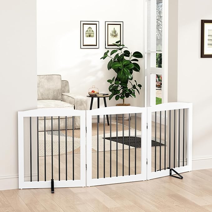 PUPETPO Freestanding Wooden Pet Gate for House, Foldable Indoor Dog Gate for Doorways, Stairs - 24" Height, 3 Panels, White