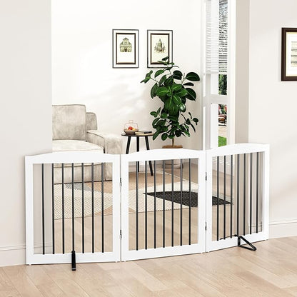 PUPETPO Freestanding Wooden Pet Gate for House, Foldable Indoor Dog Gate for Doorways, Stairs - 24" Height, 3 Panels, White