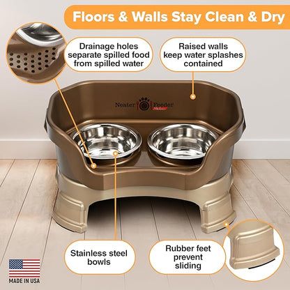 Neater Feeder Deluxe Mess-Proof Elevated Cat Bowls, 2 Height Adjustable (6” & 7.5”) No-Spill Raised Cat Bowl Stand, Whisker Friendly Stainless Steel Dishes for Indoor Cats, Made in USA, Bronze