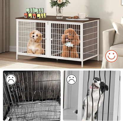 MAHANCRIS Dog Crate Furniture for 2 Dogs, 43.3" Dog Kennel with Removable Divider, Heavy Sturdy Dog Furniture Style Double Cage for Small Medium Dogs, Indoor Pet House End Table, White and Walnut