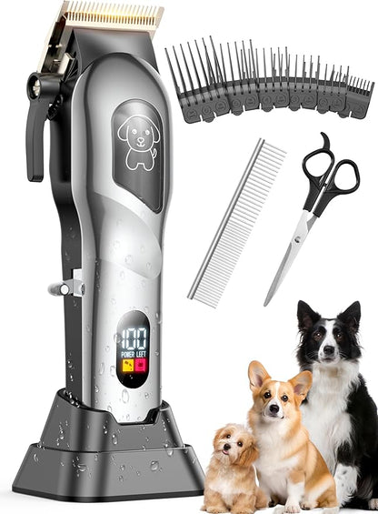 Dog Clippers for Grooming, Dog Grooming Kit for Heavy Thick Hair, Low Noise Cordless Pet Hair Trimmer with Stainless Steel Blade, Professional Rechargeable Hair Trimmer for Dogs and Cats M-Silver