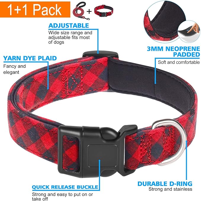 Ladoogo Reflective Dog Collar Padded with Soft Neoprene Breathable Adjustable Nylon Dog Collars for Small Medium Large Dogs (Small (Pack of 1), Red Plaid Collar+Leash)