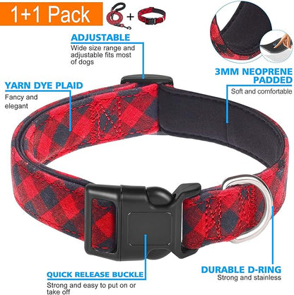 Ladoogo Reflective Dog Collar Padded with Soft Neoprene Breathable Adjustable Nylon Dog Collars for Small Medium Large Dogs (Small (Pack of 1), Red Plaid Collar+Leash)