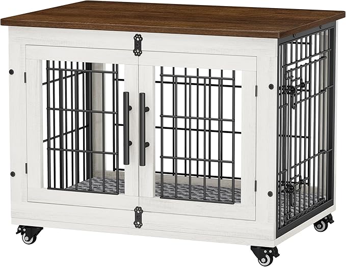 YaFiti Dog Crate Furniture with Cushion, Wooden Dog Kennel Indoor with Double Doors, Dog Cage with Wheels, Dog House Side End Table for Small Medium Dogs up to 45 lb, 32.5" L, White