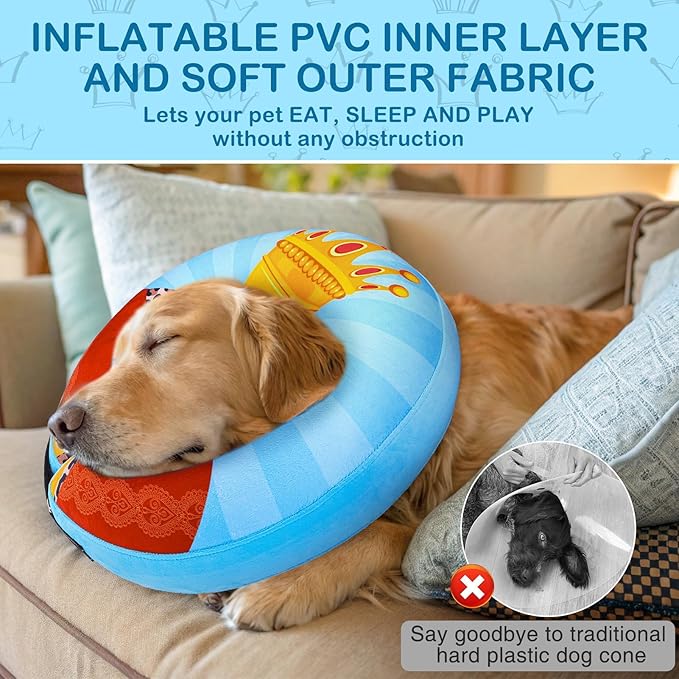 SCENEREAL Dog Cone Alternative After Surgery Donut Collar, Soft Pet Recovery Pillow Collar for Medium Large Dogs, Inflatable Adjustable Neck Collars to Prevent Licking, King Print E-Collars XL