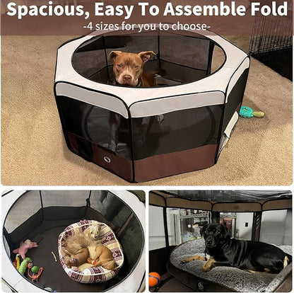 DONORO Dog Playpen Portable Pet Play Pens for Small Dog/Cat/Rabbit/Chicks, Cat Playpen Indoor/Outdoor with Carring Case, Removable Zipper Top and Bottom (Brown, Medium (35"x35"x20"), 8)