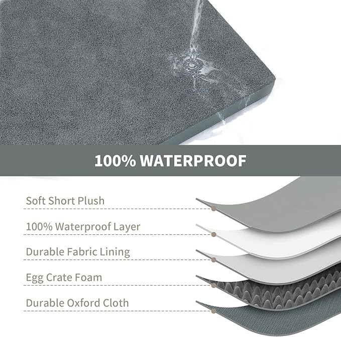 Plush Dog Bed for Medium Dogs, Waterproof Dog Crate Mat Orthopedic Egg Crate Foam Pet Bed with Washable Removable Oxford Cover, Gray