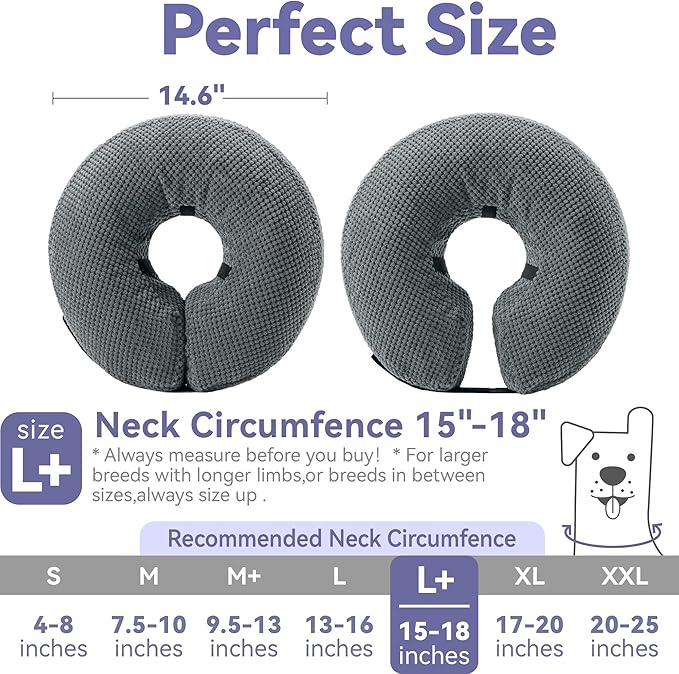 Loflaze Soft Inflatable Dog Cone Collar Alternative After Surgery - Dog Neck Donut E Collar for Large Medium Small Dogs Cats Post Surgery - Recovery Collar to Stop Licking - Grey, L+