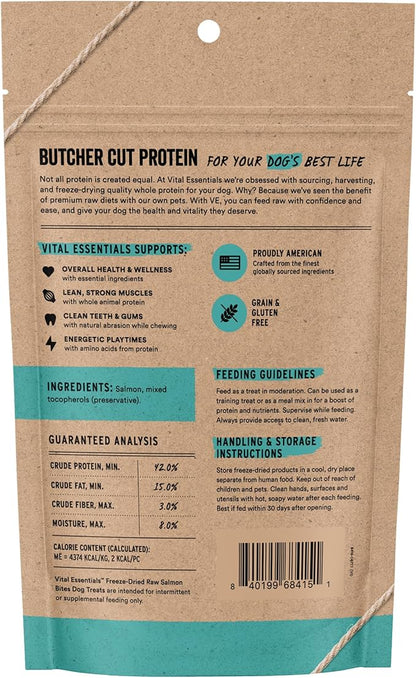Vital Essentials Freeze Dried Dog Treats | Salmon Bites, Single Protein | Premium Quality | Grain Free Training Treats for Dogs, 2.5 oz Bag