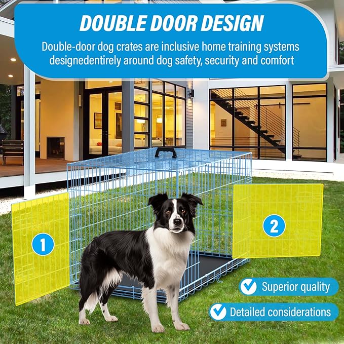 Dog Crate 36" Metal Wire Dog Cage Double Door Folding Dog Kennel with Divider Panel, Leak-Proof Plastic Pan, Foldable Travel Pet Crate for Small Medium Breed Dogs Animals,Blue