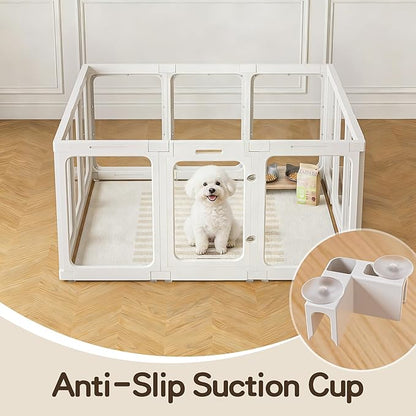 Jalove Acrylic Dog Playpen Indoor, 12 PCS Plastic Pet Playpen with Door, 24“ H Clear Pet Play Pen for Puppy Cat Rabbit Ferret, Easy Assemble Dog Pen, Preferable for Small Cage, White