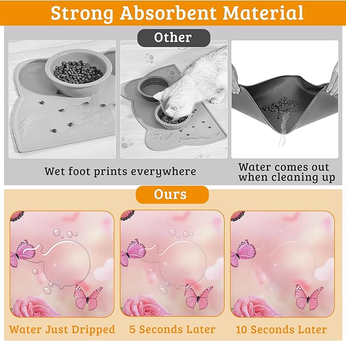 Rose Pink Dog Cat Food Mat,Butterfly Absorbent Waterproof Placemat for Food and Water Non Slip Rubber Backing Durable Feeding Pad for Clean Floors 16" x 24"