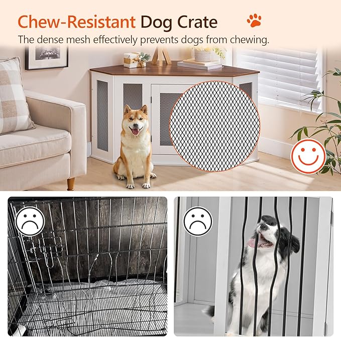 MAHANCRIS Corner Dog Crate Furniture, Wooden Dog Kennel End Table, Decorative Pet Crate Indoor Use, Furniture Style Dog House for Small Medium Dog, Dog Cage TV Stand, White and Walnut DCBA0801