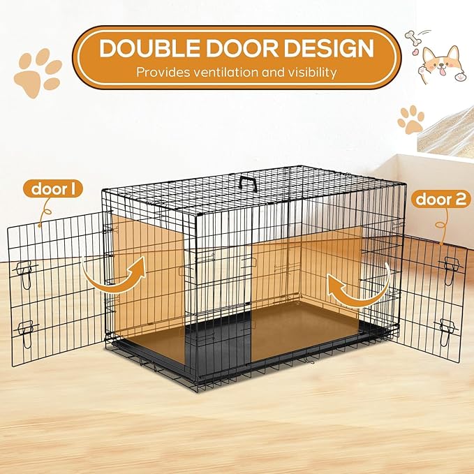 Dog Crate, 48 Inch Extra Large Double Door Portable Dog Cage, Metal Wire Pet Kennel with Secure Lock, Leak-Proof Pan Tray, Foldable Design for Dogs Pets Indoor Training and Outdoor Trave