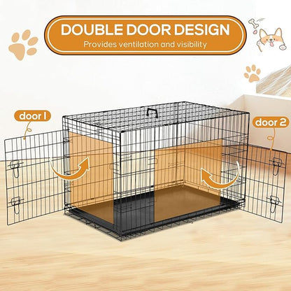 Dog Crate, 48 Inch Extra Large Double Door Portable Dog Cage, Metal Wire Pet Kennel with Secure Lock, Leak-Proof Pan Tray, Foldable Design for Dogs Pets Indoor Training and Outdoor Trave