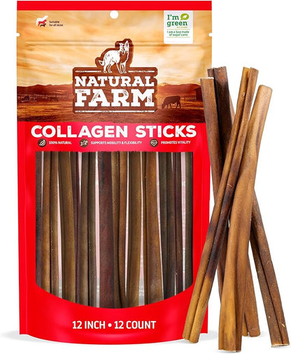 Natural Farm Odor-Free Collagen Chews, (12-Inch, 12-Pack), Long Lasting Bully Sticks & Rawhide Alternative Dog Treats, 95% Collagen, High Protein Best Dental Dog Treats – Medium & Large Dogs