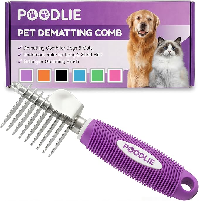 Poodle Dematting Fur Rake Comb Brush for Dogs and Cats - Long 2.5" Steel Safety Blades Metal Comb for Detangling Matted or Knotted Undercoat Hair