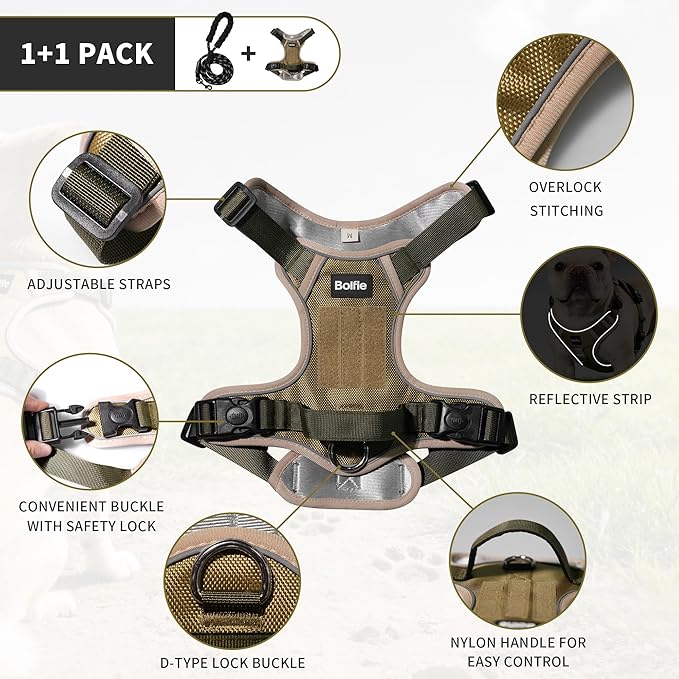 Small Dog Harness, Heavy Duty Tactical No-Pull Reflective Harness & Collar Set — Secure, No Choke, Easy On and Off Pet Vest, Adjustable Dog Vest with Breathable Padded for Walking Hiking Training
