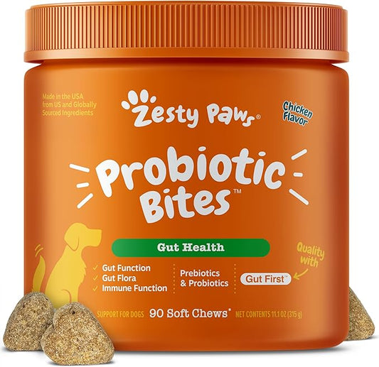 Zesty Paws Probiotics for Dogs, Digestive Enzymes Gut Flora, Digestive Health, Diarrhea & Bowel Support, DE111, Dog Probiotics Soft Chew for Pet Immune System, Chicken, 90 Ct