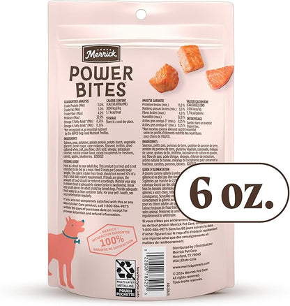 Merrick Power Bites Salmon Recipe Healthy Dog Treats, Real Salmon Grain-Free Dog Snacks, 6 oz Bag
