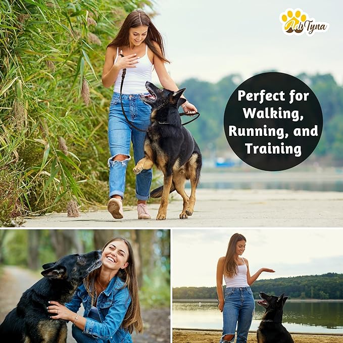 ADITYNA - Double Handle Leather Dog Leash 6ft - Heavy Duty Braided Dog Leash with Traffic Handle - Lead for Training and Walking Medium Large Breeds (Black, Two Handles 6 Foot x 5/8")