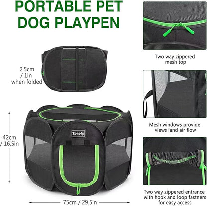 Portable Pet Dog Playpen, Pet Playpen Foldable Extra Heavy Duty Pop Up No Assembly Kennel Tent Crate Indoor Outdoor with Shade Ventilation Mesh for Small Dog, Kitten, Cat, Rabbit (Black)