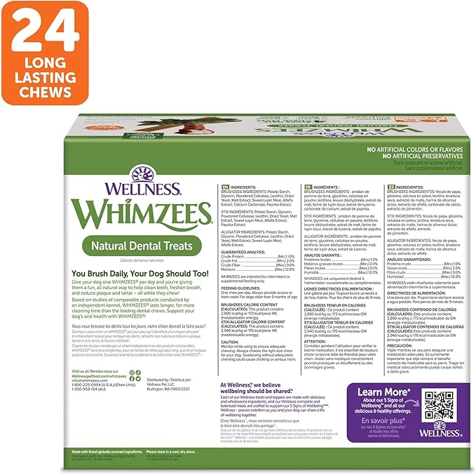Wellness WHIMZEES Value Pack Dog Dental Treat, Chews, Freshens Breath, Large Size, 50.9 oz Box, 24 Count