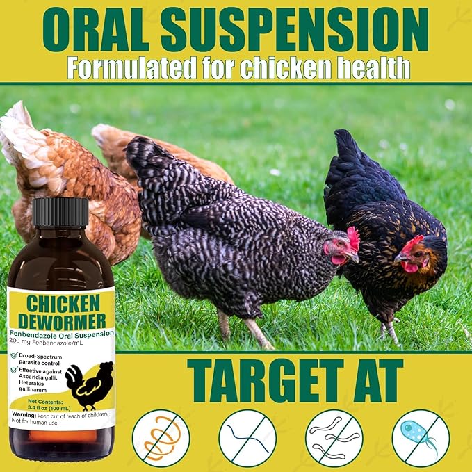 Dewormer for Chickens, Poultry, Fenbendazole for Chicken Dewormers, Tapeworms, Roundworms & Hookworms, with Measuring Syringe, 100ml