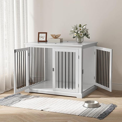 PUPETPO Dog Crate Furniture with Cushion, Dog Crate End Table Large, Indoor Dog Kennel, Dog House, Dog Cages for Large Dogs, Furniture Style Dog Crate with Flip-top, Chew-Proof Metal Bars, White
