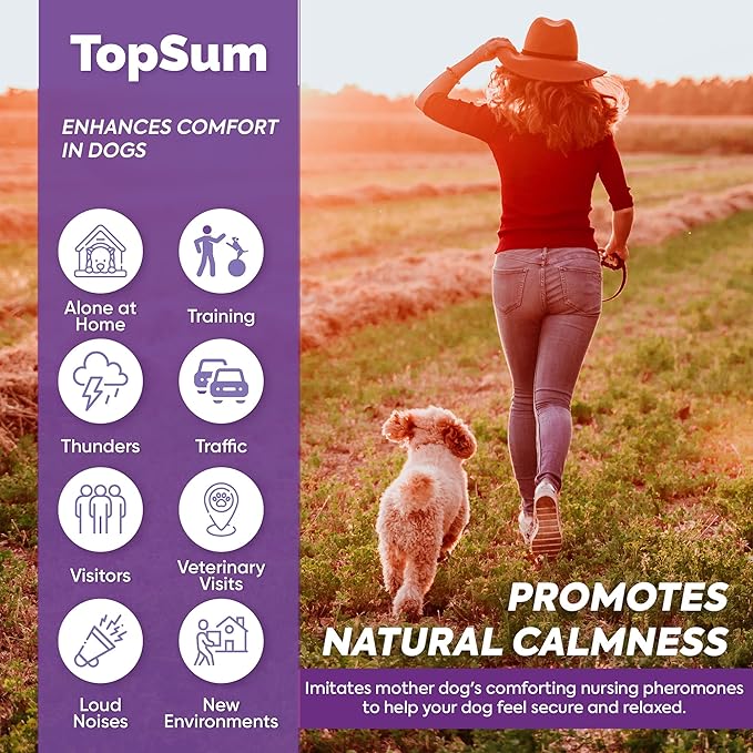 TopSum Calming Diffuser for Dog: Dog Pheromones Calming Diffuser Plug for Stress, Barking, Chewing, Pee Accidents & Separation Behaviors (Purple– 4 Refills)