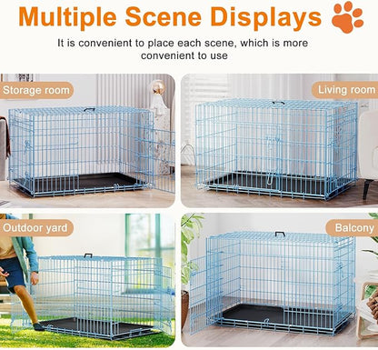 FDW Large Dog Crate 42inch Dog Cage Foldable Metal Kennel with Leakproof Tray Foldable Design Indoor Outdoor Use for Large Dogs,Blue