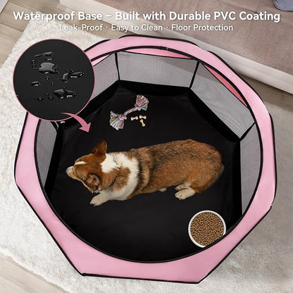 Dog Playpen for Small Dogs & Puppies, 40.55" Portable Indoor Outdoor Puppy Playpen with Bowl, Waterproof Floor, Foldable Pop-Up Pet Pen for Home, Travel & Daily Use, Pink+Grey