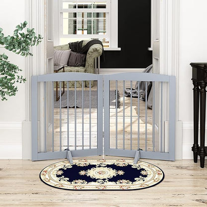 PUPETPO Freestanding Pet Gate for Dogs, Foldable Wooden Dog Gate for House, Indoor Pet Barrier for Stairs, Doorways, Support Feet Included, 24" Height 2 Panels, Grey