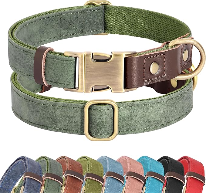 Didog Soft PU Leather Dog Collars for Medium Dogs,Classic Adjustable Dog Collars with Quick Release Metal Buckle,Easy Clean and Comfortable with Nylon Lining,Green,M Neck 14-19"