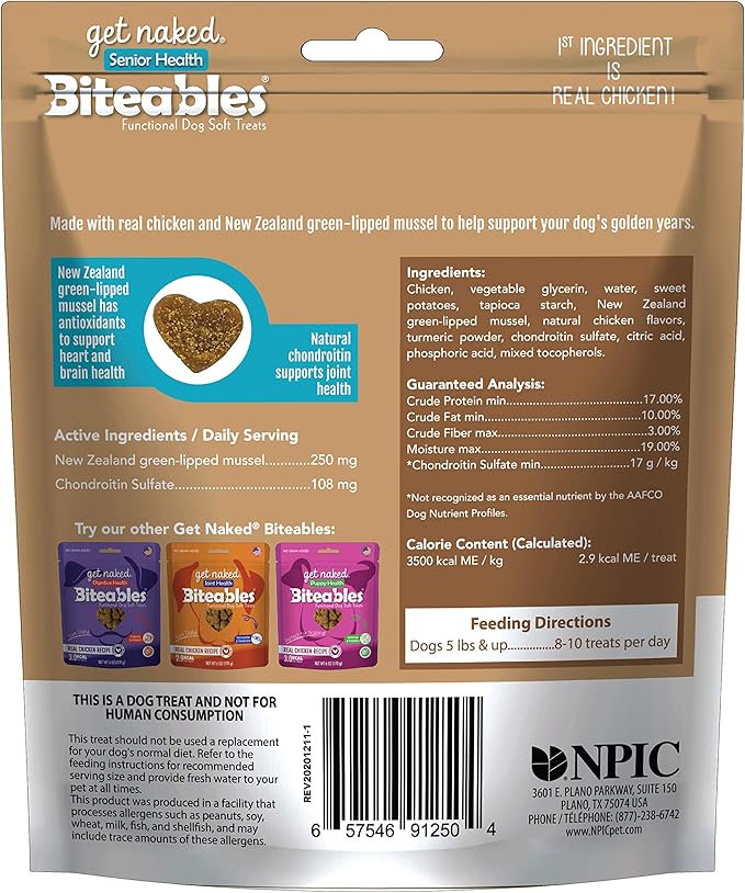 Get Naked Biteables Senior Health Soft Dog Treats,Real Chicken Treat for Toothless Dogs,6oz 1 Pouch,(Pack of 2)