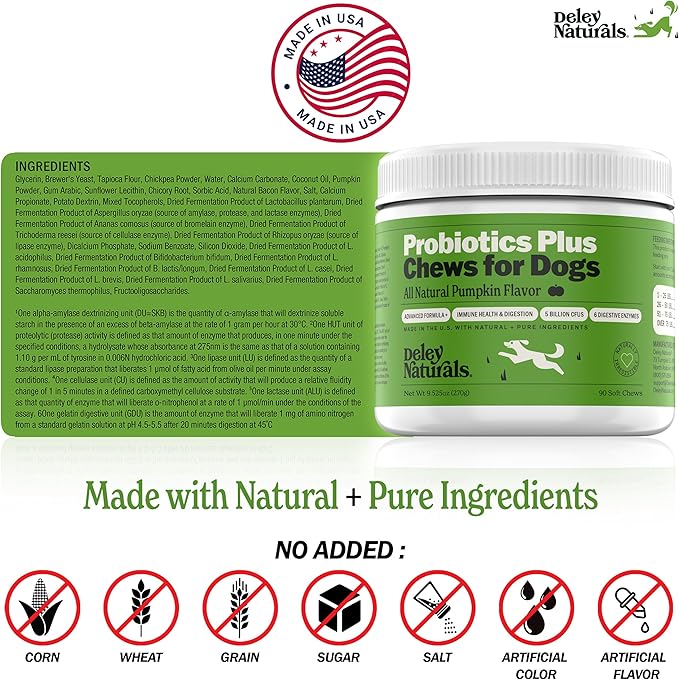 Deley Naturals Probiotics Plus Chews for Dogs - Gut Health Supplement with 5 Billion CFU's & Digestive Enzymes - Prebiotics for Dog Allergies, Diarrhea & Yeast - 90 Count Pumpkin Flavor Made in USA
