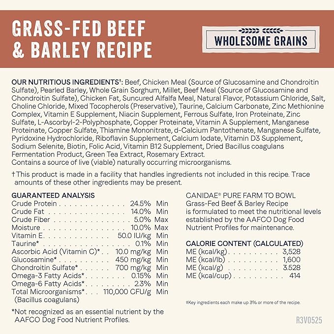 Canidae Pure Farm to Bowl Grass-Fed Beef & Barley Dry Dog Food, Adult, 4lb