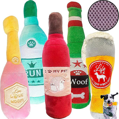 Jalousie Ultra Tough Funny Squeaky Toys - Fun to Play & Watch - Parody Dog Chew Toys (Wine & Beer, 5 Pack)