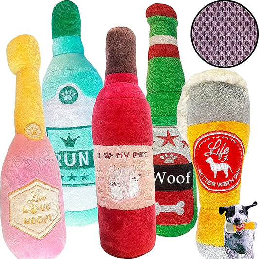 Jalousie Ultra Tough Funny Squeaky Toys - Fun to Play & Watch - Parody Dog Chew Toys (Wine & Beer, 5 Pack)