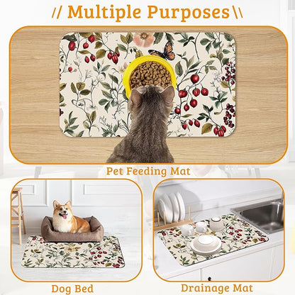 Butterfly Flower Dog Food Mat,Vintage Berry Absorbent Pet Feeding Mat for Food and Water Bowl,Quick Dry Dog Placemat Non Slip Rubber Backing Waterproof Pet Supplies 12" x 20"