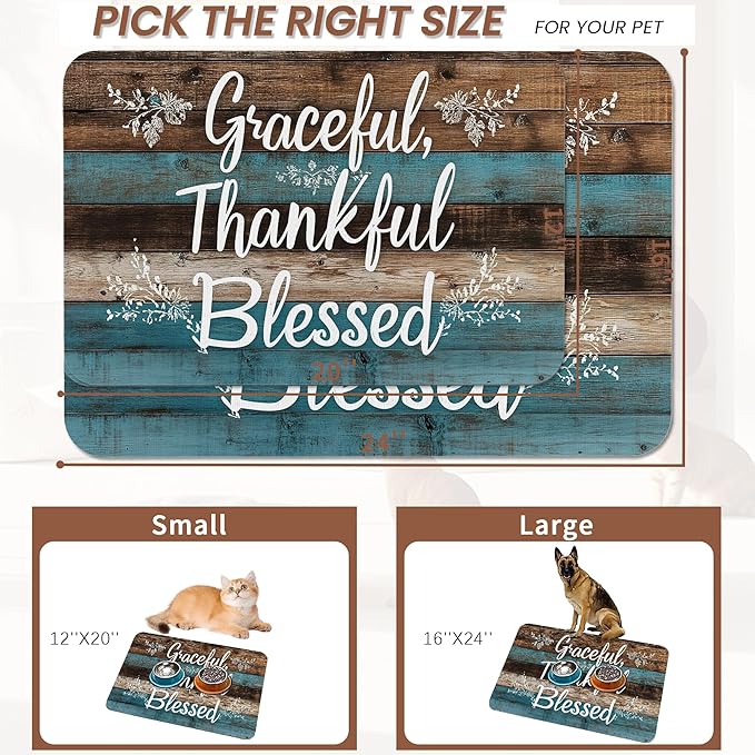 Thankful Grateful Blessed Dog Cat Food Mat,Vintage Wooden Absorbent Pet Feeding Mat for Food and Water, Non-Slip Dog Bowl Mats Floor Protector 12"x20"