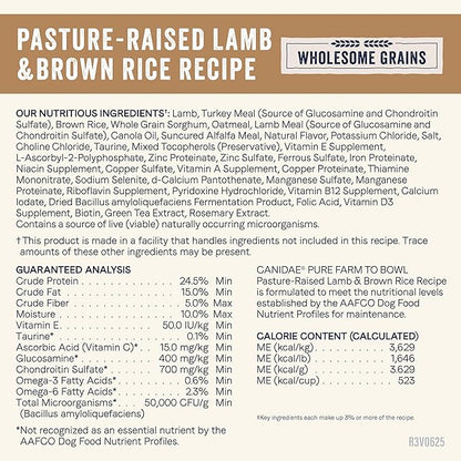 Canidae Pure Farm to Bowl Pasture-Raised Lamb & Brown Rice Dog Food, Adult Dog Food, 22lb