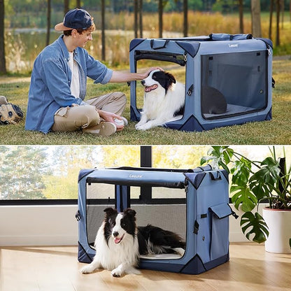 Lesure Collapsible Dog Crate - Portable Travel Kennel for Medium Dog, 4-Door Pet Crate with Mesh Windows, Indoor & Outdoor, Blue