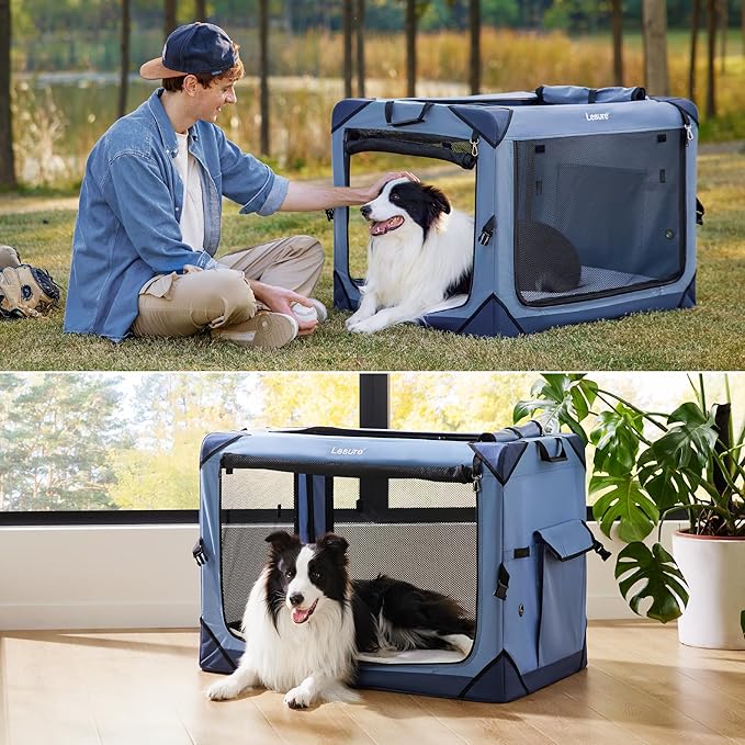 Lesure Collapsible Dog Crate - Portable Travel Kennel for Extra Large Dog, 4-Door Pet Crate with Mesh Windows, Indoor & Outdoor, Blue