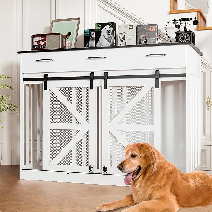 47 Inch Wooden Dog Crate Furniture for 2 Dogs with Removable Divider & Storage Drawers, Double Door Kennel for Medium and Extra Large Dogs, Farmhouse Dog Cage Side End Table for Indoor use, White